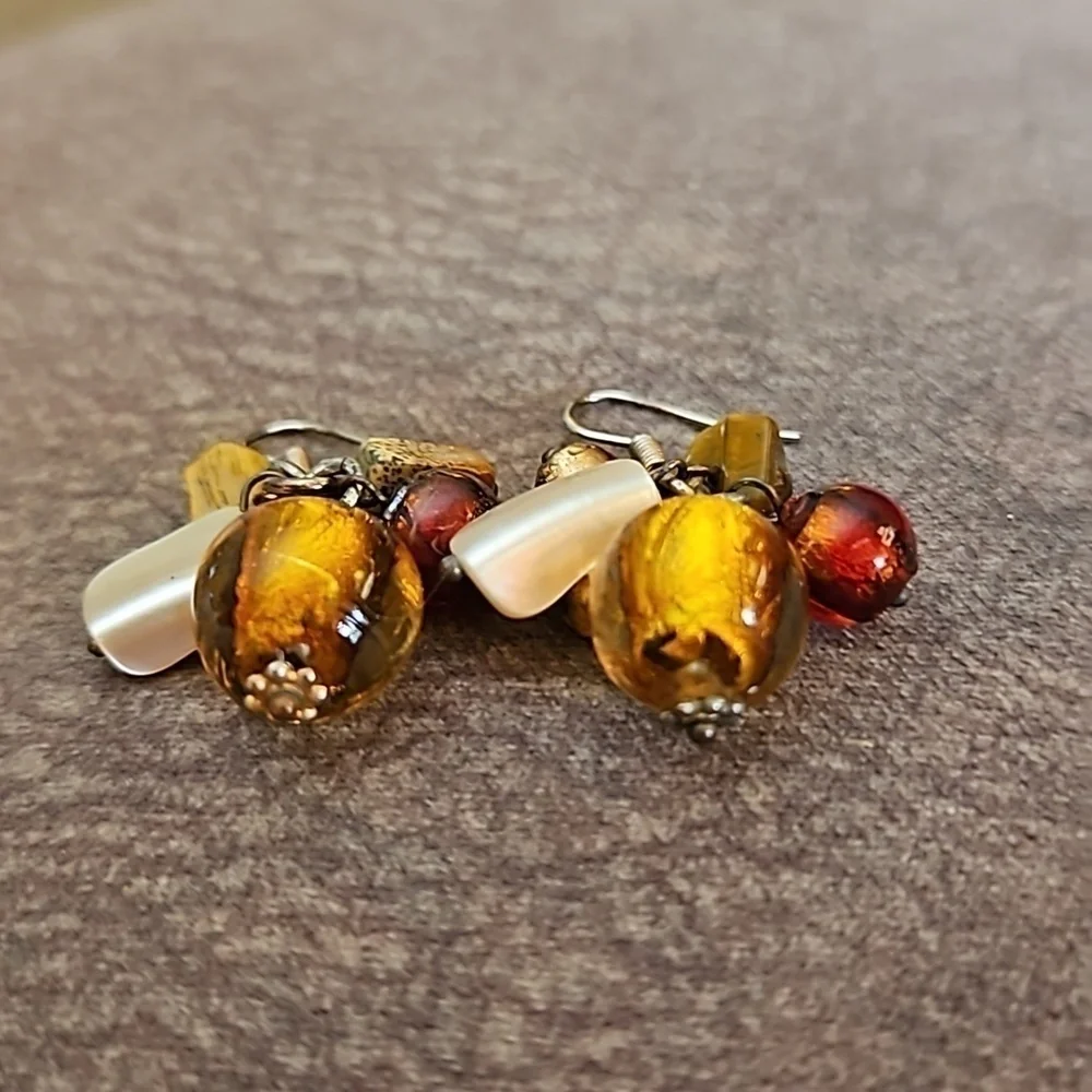 VTG Glass Shell Bead Cluster Festival Dangle Hook Earrings